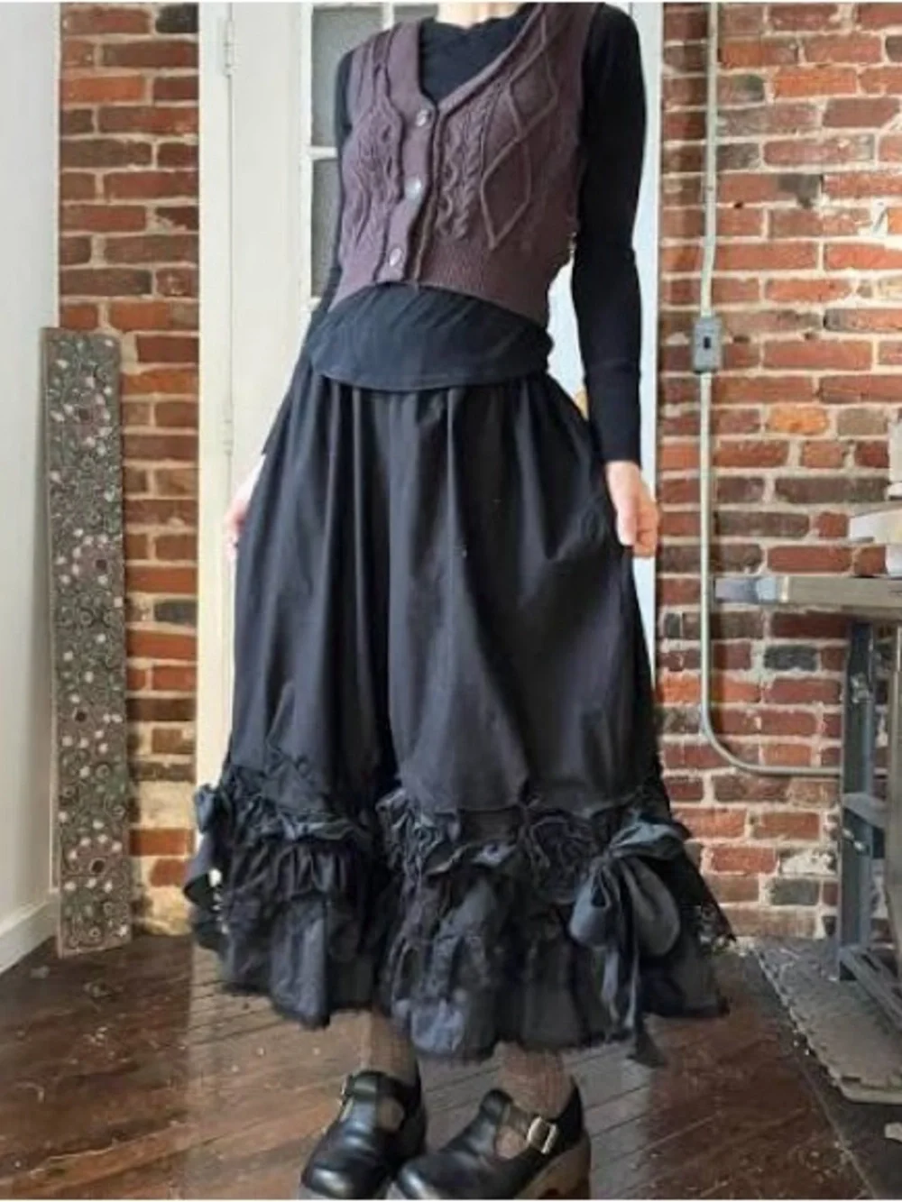 Black Maxi Bloomers with Ruffled Hem and Romantic Bow Accents - Picture 1 of 5